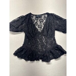 ASOS DESIGN Womens Black Sheer Floral Lace V-Neck Peplum Top US 4-6 Small